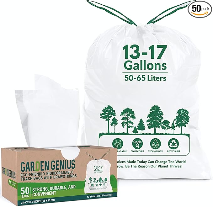 Biodegradable 13-17 Gallon Code-Q Trash Bags (50 Pack) | Strong Heavy-Duty Tall White Kitchen Bags w/Drawstring | Fits Simplehuman & Standard Cans | Eco-Friendly D2W, 30 Micron Thick | 25.6" x 33.5"