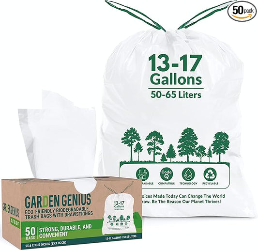 Biodegradable 13-17 Gallon Code-Q Trash Bags (50 Pack) | Strong Heavy-Duty Tall White Kitchen Bags w/Drawstring | Fits Simplehuman & Standard Cans | Eco-Friendly D2W, 30 Micron Thick | 25.6" x 33.5"