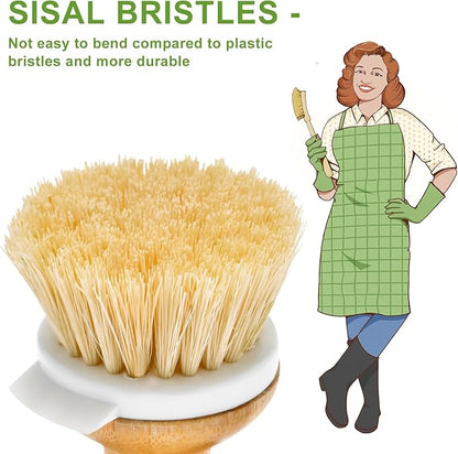 SUBEKYU Bamboo Dish Brush, Kitchen Dish Scrubber Brush with Soap Dispenser, Natural Wooden Dishwashing Brush for Cleaning Dishes/Pans/Pots, Built-in Scraper, Sisal Bristles,1 Set