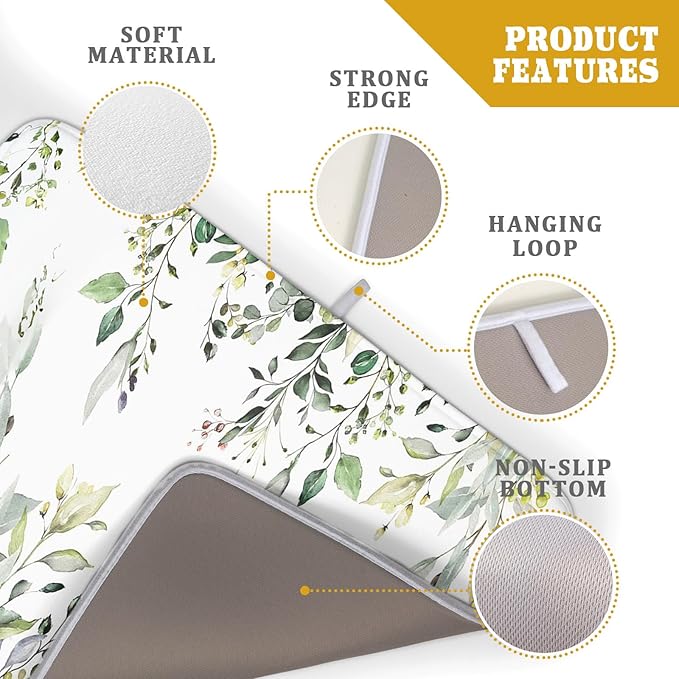 Green Eucalyptus Sage Leaves Dish Drying Mat 18 x 24 Inch With Absorbent Reversible Microfiber Plant Leaf Floral Spring Summer Drying Mats Fast Dry Pad Draining Mat For Kitchen Countertop