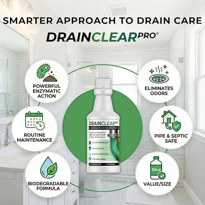 DrainClear Pro Enzyme Drain Cleaner 32oz - Enzymatic Formula Digests Grease, Waste & Odors - Safe for Pipes and Septic Systems - Biodegradable Drain Treatment for Home & Commercial Use