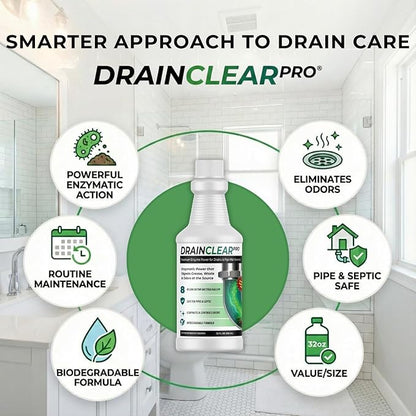 DrainClear Pro Enzyme Drain Cleaner 32oz - Enzymatic Formula Digests Grease, Waste & Odors - Safe for Pipes and Septic Systems - Biodegradable Drain Treatment for Home & Commercial Use