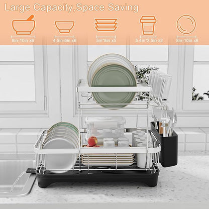 Dish Drying Rack - 2-Tier 304 Stainless Steel Dish Rack for Kitchen Counter , Adjustable Spout Auto-Draining Dish Rack, Kitchen Organizers and Storage Rack with Drainboard and Cutlery Holder Black