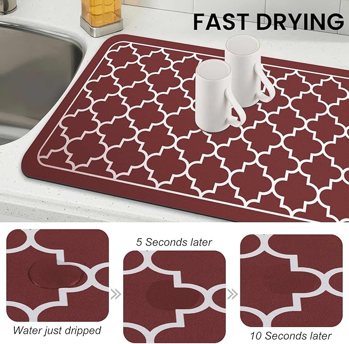 WISELIFE Dish Drying Mat Super Absorbent Drying Mat Large Dish Drying Mats for Kitchen Counter Easy Clean Dish Mat Kitchen Drying Mat18"x 28" Stylish Red