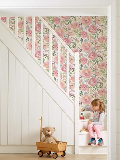 Orainege Floral Wallpaper Peel and Stick Wallpaper 16.9in x196.8in Peony Flowers Floral Contact Paper Removable Self Adhesive Wall Paper Decorative for Cabinets Walls Shelf Liner, Peachy