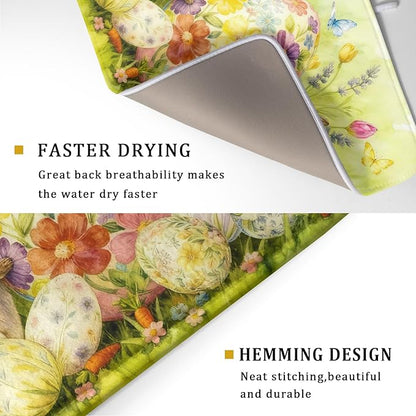 Easter Egg Dish Drying Mat 18x24 Inch Bunny Floral Green Drying Pad for Kitchen Counter Washable