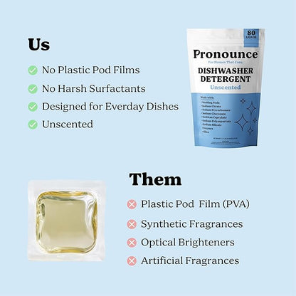 Pronounce Dishwasher Detergent Powder - Cleaner Ingredients, Fragrance Free - Ultra Concentrated, Cuts Grease and Grime, Dishwasher Pods Alternative (Residue-Free). (80 Loads, Unscented)