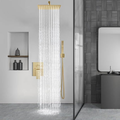Aolemi Shower Faucet Set Rain Shower System with Handheld Spray Bathroom Shower Combo Rough-in Valve and Shower Trim Kit Included Brushed Gold 12 Inch Wall Mount Shower Head