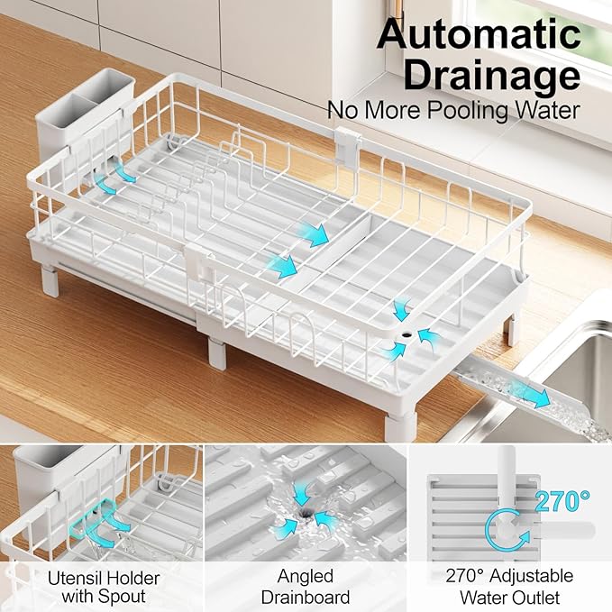GSlife Expandable Dish Drying Rack with Drainboard, Compact Rustproof Dish Rack for Kitchen Counter, Ultra-Sturdy Space Saver with Cup Holder for Small Apartment,12.2" W x 12"-20.5" L, White