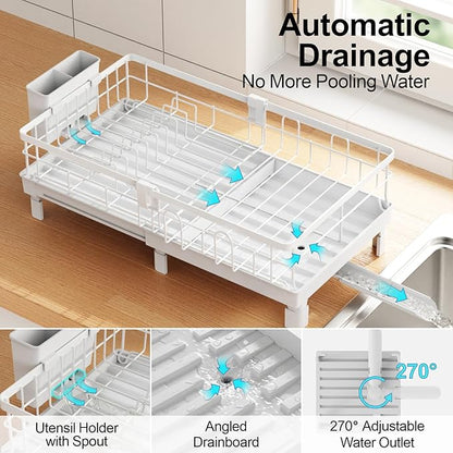 GSlife Expandable Dish Drying Rack with Drainboard, Compact Rustproof Dish Rack for Kitchen Counter, Ultra-Sturdy Space Saver with Cup Holder for Small Apartment,12.2" W x 12"-20.5" L, White