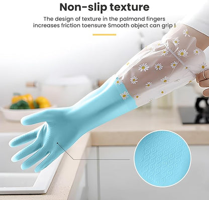 KAQ Dishwashing Cleaning Gloves 3 Pairs-Reusable Cotton Liner Rubber Gloves Long cuff 19.5" Non-Slip Kitchen Gardening Gloves