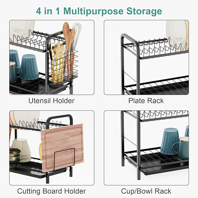 GSlife Dish Drying Rack, 2 Tier Rust-Resistant Dish Rack with Drainboard Compact Dish Drainer with Utensil Holder, Cutting Board Holder for Kitchen Counter, Black