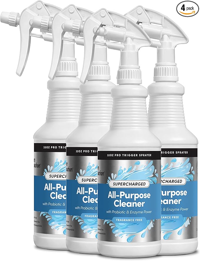 Clean Revolution SuperCharged All Purpose Cleaner Refill with Smart Probiotic + Enzyme Complex, Multi-Surface Kitchen Bathroom & Floor Cleaner, Fragrance Free, 32 Fl Oz (Pack of 4)