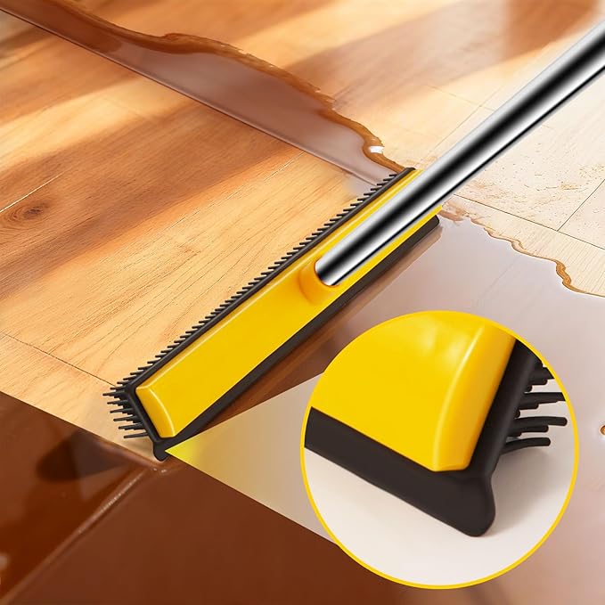 Rubber Broom for Pet Hair Removal, Carpet rake with Squeegee for Cleaning Pet Hair, 52 inch Long Handle Rubber Broom,Dual-Sided for Small Fluff Carpet, Hardwood Floor, Tile,Orange