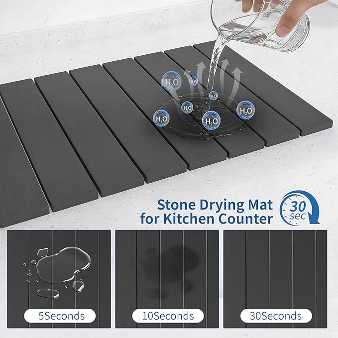 Hopegiver Stone Drying Mat for Kitchen Counter, 24" x 16" Quick Dry Diatomaceous Earth Dish Drying Mat, Super Absorbent, Non-Slip & Foldable, Modern Dark Gray Countertop Mat (DarkGray,24''x16'')