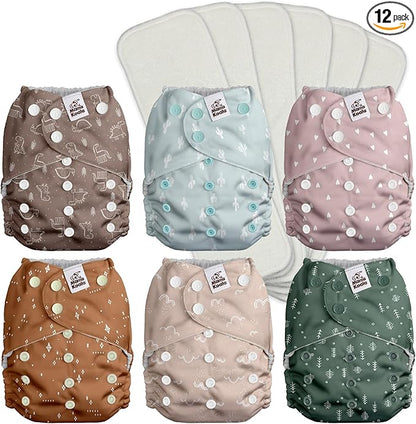 Mama Koala 3.0 Pocket Cloth Diapers for Babies with Suede Cloth Lining, 6 Pack with 6 4-Layer Natural Diaper Inserts - Reusable and Washable Pocket Diapers (Simply Neutral)
