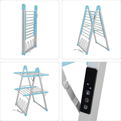 Electric Heated Clothes Drying Rack,Foldable Heated Garment Dryer with Timer Shut-Off Laundry Rack for Clothes Shoes Socks,Aluminum Alloy,Blue,Plug & Play,(39.37x25.98x23.82in)