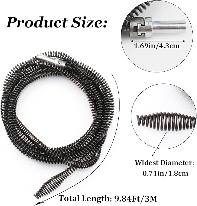 Amonk Drill Snake for Plumbing 9.84Ft Drain Clog Remover Drain Auger Cable with Drill Connector 10mm Flexible Plumbing Drill Pipe Cleaner for Kitchen, Bathroom, Toilet and Shower Sink