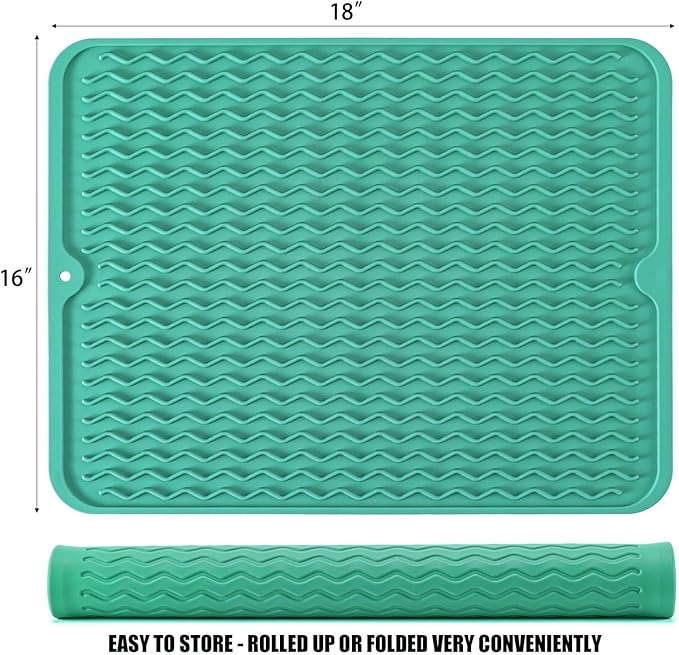 Silicone Dish Drying Mat for Multiple Usage, Easy clean, Eco-friendly, Heat-resistant Dish Drainer Mat for Kitchen Counter,Sink,Refrigerator or Drawer liner (18" x 16", Green)