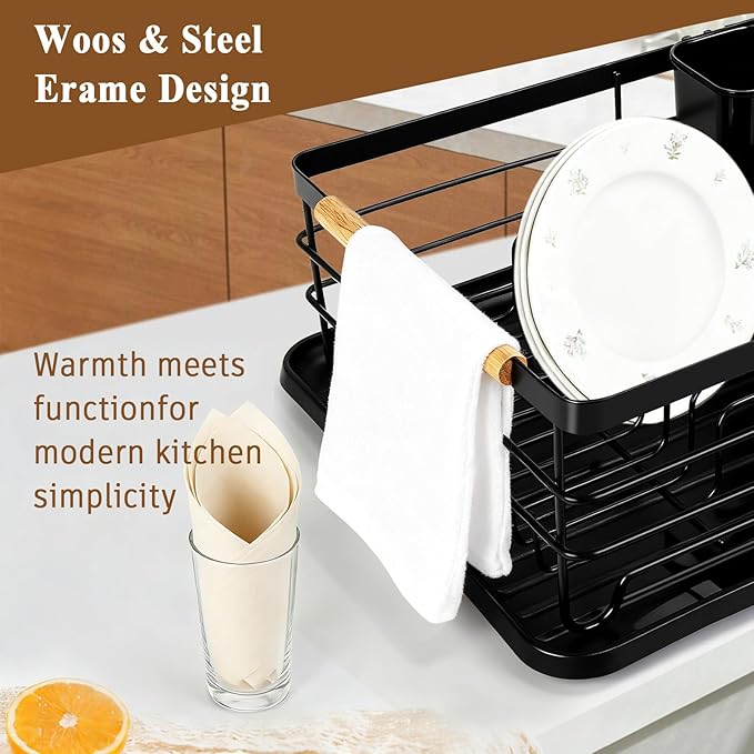 Dish Racks for Kitchen Counter, Thickened Metal Dish Drying Rack with Wooden Handles, Kitchen Countertop Organizer for Dishes, Spoons and Forks, No Assembly, Black, 16.7''*12.6''*5.12''