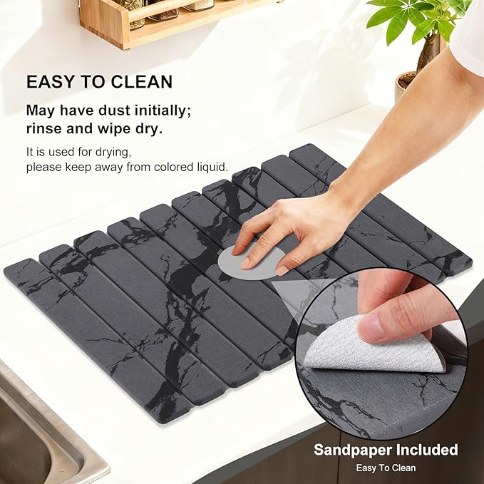 3 PCS Large Stone Dish Drying Mat for Kitchen Counter, Quick Dry Diatomaceous Earth Mat with Sink Faucet Pad, Marble Water Absorbing Stone Drying Mats for Dishes, Bottles and Cups