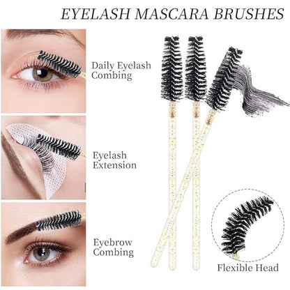300 PCS Eyelash Extension Supplies Kit Disposable Micro Swab Brush Eyebrow Spoolies Lip Stick Brush Mascara Wand Applicator Makeup Brush Tool(all gold kits)