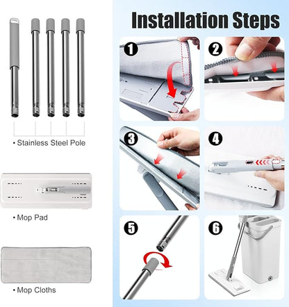 Flat Mop and Bucket with Wringer Set, Hands-Free Floor Mop and Bucket with 3 Reusable Washable Microfiber Pads and 66" Stainless Steel Handle, Wet and Dry Use for Home Floor Cleaning