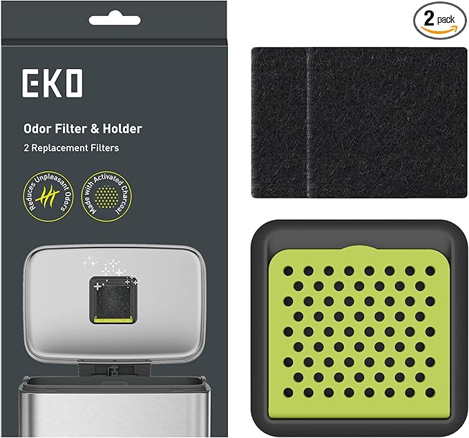 EKO Activated Charcoal Odor Filter Kit – 2-Pack Strong Odor Absorber and Deodorizer with Filter Case for Trash Cans
