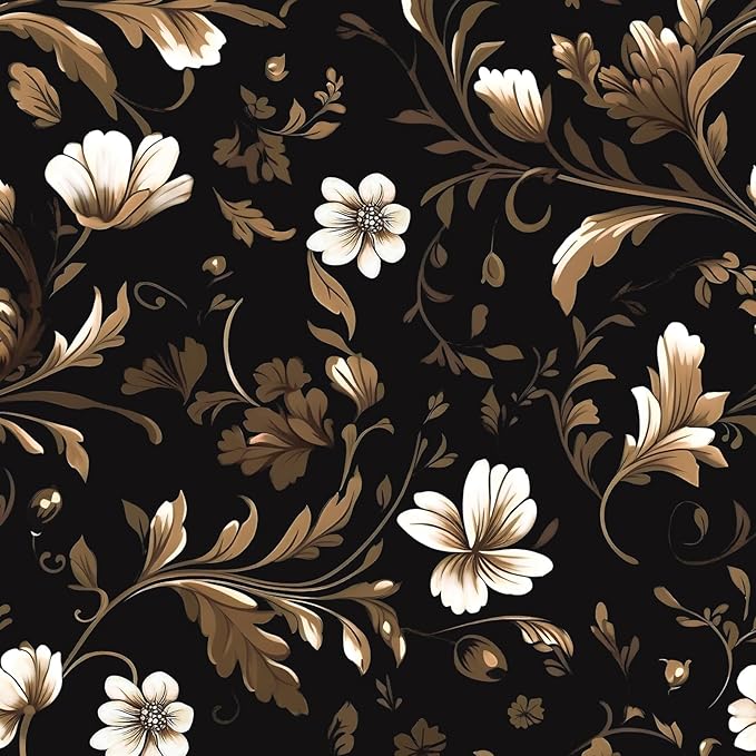 Fvlow Vintage Wallpaper Peel and Stick Black Floral Wallpaper Black White Wall Paper Gold Leaf Contact Paper Waterproof Self-Adhesive Wall Covering for Bathroom Countertop Desk Cabinet 17.4" x 118"