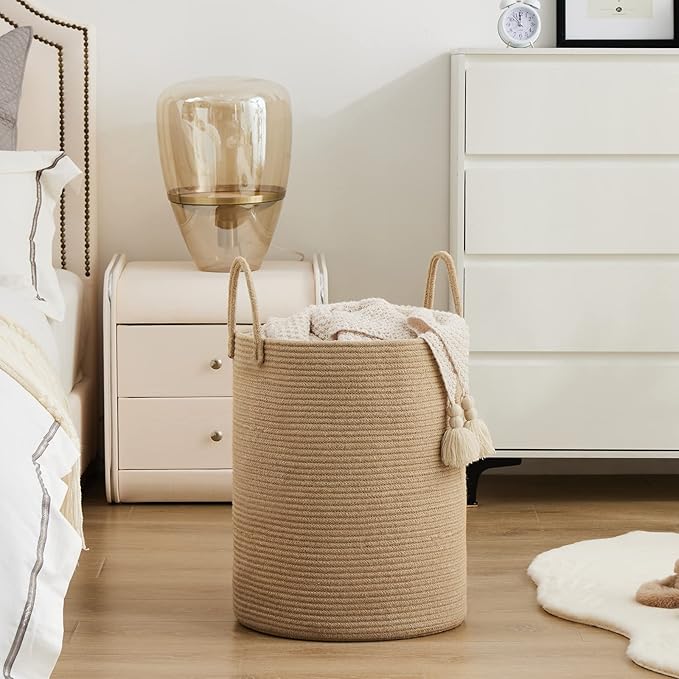 Woven Rope Laundry Hamper Basket by YOUDENOVA, 72L Tall Luandry Basket, Baby Nursery Hamper for Blanket Storage in Bedroom-Large-Jute