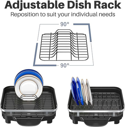Kmiectse Dish Drying Rack – Expandable Dish Rack for Kitchen Counter, Stainless Steel Dish Drainer with Utensil Holder, Black