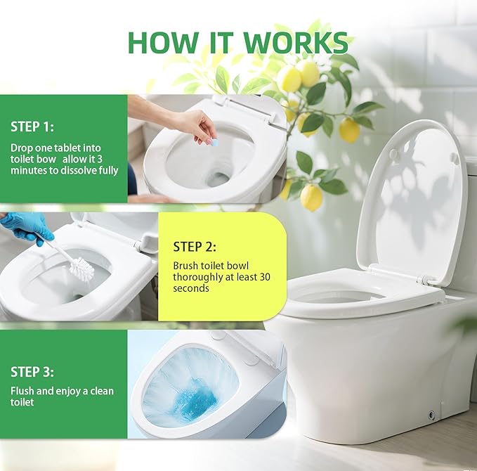 Toilet Bowl Cleaner Tablets 30 Big Pack Fast Dissolve Plastic-free Powerful Clean Septic Safe Deodorize Remove Rust & Stains Bathroom Cleaner Lemon Scent