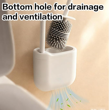 Silicone Toilet Brush Set with Corner Brush & Wall-Mounted Holder, No-Scratch Design with Drainage Holes, Adhesive Installation, White