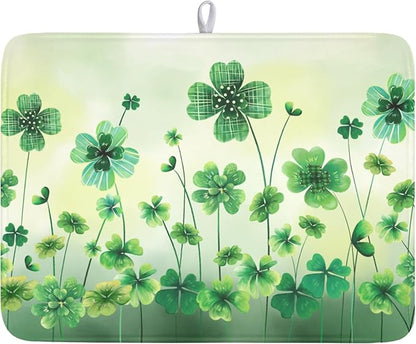 St Patrick's Day Dish Drying Mat for Kitchen Counter Green Lucky Shamrock Pattern Drying Mat 18x24 Inch Spring Holiday Absorbent Dish Drainer Mat Kitchen Accessories