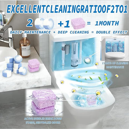2-in-1 Toilet Cleaning Tablets (24 Pack) - 8 Effervescent Toilet Bowl Stain Remover and 16 Blue White Toilet Tank Cleaner Tablets - Limescale Removal for Septic System