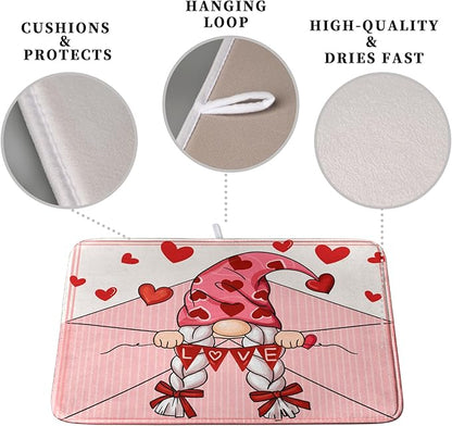 Valentine's Day Love Letter Dish Drying Mat for Kitchen Counter, Love Letter Gnome Absorbent Dish Pad Large Dish Drainer Mats for Countertop 16x18 Inch