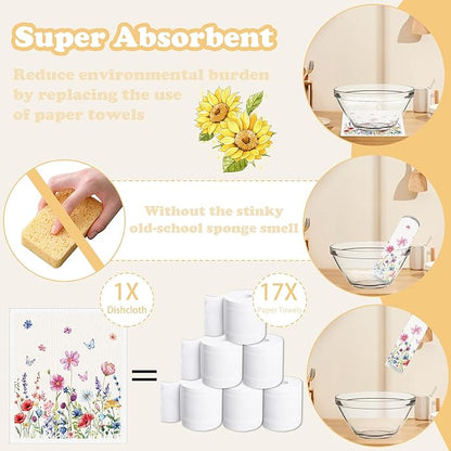 Spring Swedish Dishcloths for Kitchen, 6 Pack Floral Swedish Dish Cloths Reusable Washable Absorbent Sponge Kitchen Towels for Spring Summer Seasonal Decorations Housewarming Gifts