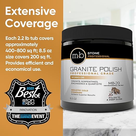 MB Stone Care Granite Polishing Compound 8.5 oz - Norton Ultra Grizzly Pad 7-3/4 Inch - 16 x 16 Microfiber Cloth - Gloves - Bundle - 4 Items
