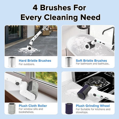 Roller-Type Electric Cleaning Brush - 2025 New Cordless Shower Scrubber with 200min Runtimes, 2-Speeds & 56" Extendable Handle, 4 Brush Heads, Shower Cleaner Brush, for Bathtub/Tile/Floor
