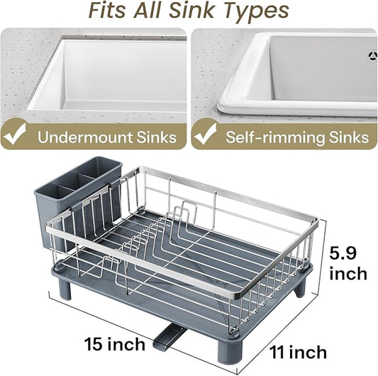 SNTD Dish Drying Rack - Small Dish Rack for Kitchen Counter, Stainless Steel Dish Drainer with Utensil Holder and Drainboard, 11" W x 15" L (Silver)