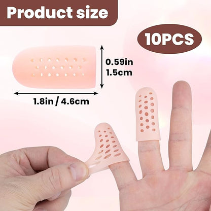 PAGOW 10pcs Gel Finger Cots/Covers, Silicone Finger Protector Support, Finger Caps Finger Sleeves Thumb Protector for Finger Cracking Trigger Finger Arthritis Pain Relief (Beige, Small)