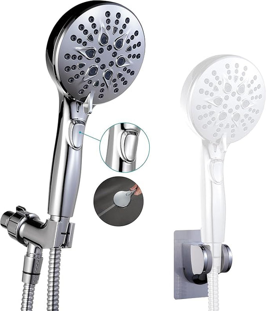 Handheld Shower Head with on off Switch&Built-in Power Spray,7-Setting High Pressure Spray Shower Wand with 79in Long Hose&Bracket and Extra Adhesive Shower Holder for Lower Mount,Chrome