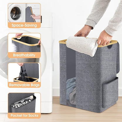 Laundry Basket Clothes Hamper with Lid and Pocket Large Collapsible Laundry Baskets with Handle, Freestanding Hampers for Bedroom Aesthetic, Dorm, Bathroom, Laundry Room (80L,Light Grey)