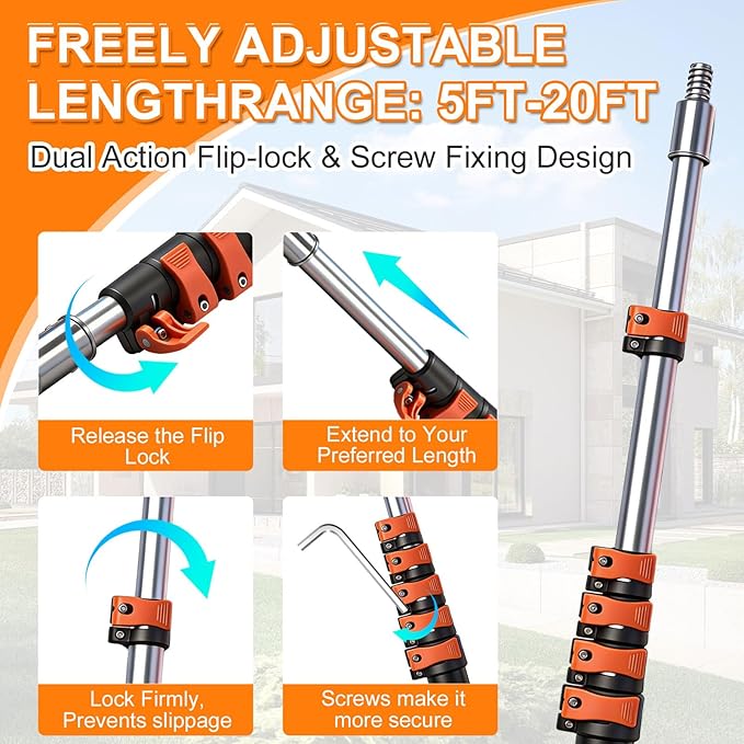 30FT High Reach Duster Kits with Dual Action Flip-Lock & Screw Fixing Design, 5-24FT Extension Pole, Cobweb Duster, Washable Ceiling Fan Cleaner & Window Squeegee for Glass & High Roof
