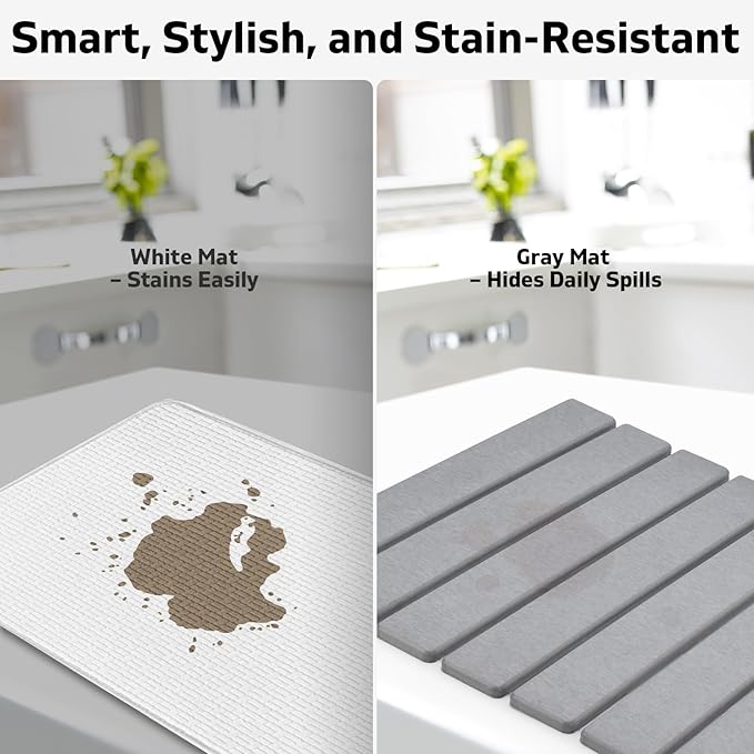 Large Stone Dish Drying Mat for Kitchen Counter, 24"×16", Collapsible Quick Dry Dish Drying Mat, Ultra Absorbent Diatomaceous Earth Mats for Dishes Bottles Cups, Match Any Countertop - Grey