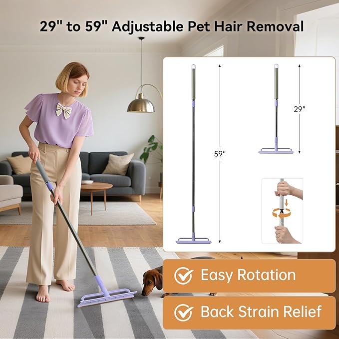 Carpet Rake for Pet Hair Removal, 59” Adjustable Long Handle Carpet Scraper for Cat Dog Hair Deep Cleaner, Reusable Pet Hair Removal Tool for Rugs, Mats, Couch, Sofas, Floor, Car Seats