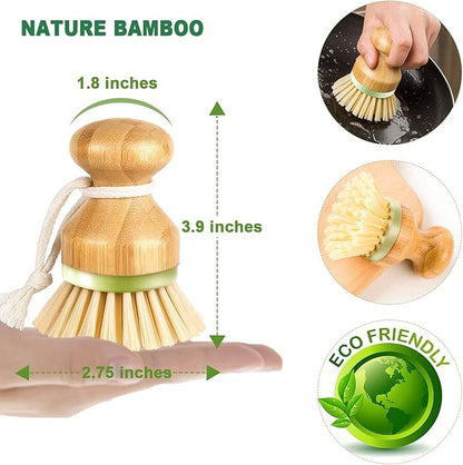 Bamboo Dish Brush, Scrub Brush for Dishes Pots Pans Kitchen Sink Cast Iron Skillet Cleaning, Pack of 2