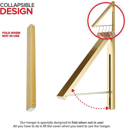 Single Foldable Clothing Rack, Wall-Mounted Retractable Clothes Hanger for Laundry Dryer Room, Hanging Drying Rod, Small Collapsible Folding Garment Racks, Dorm Accessories (Gold)