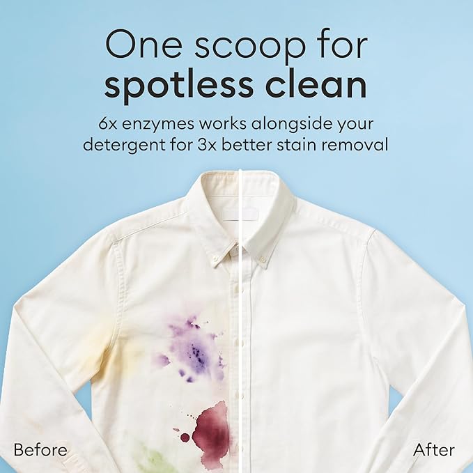 Vove Bio Enzyme Laundry Booster - 80 Loads 6x Enzyme Oxygen Stain Remover Powder - Fragrance Free for Sensitive Skin - Power Cleaner for Blood, Grass, Food, Pet Odors - FSC Wood Scoop