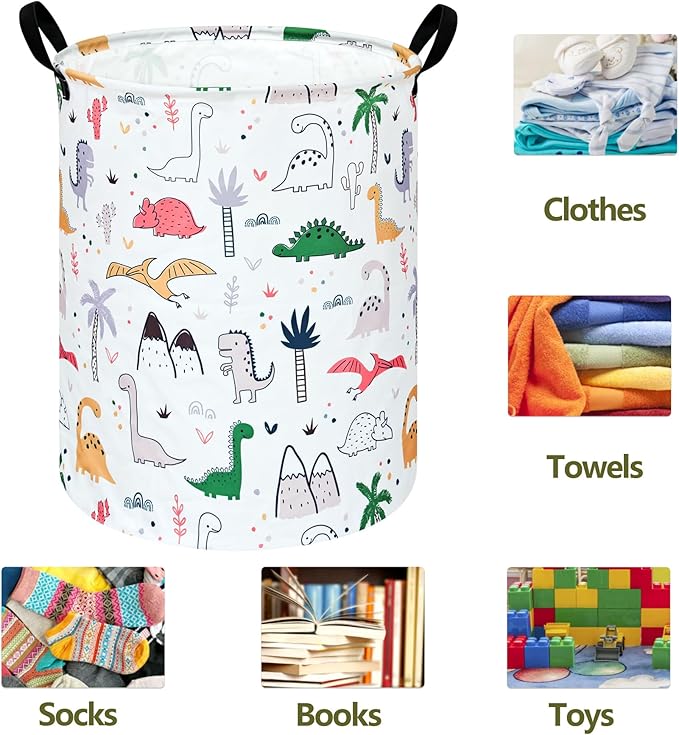 Dinosaur Pattern 19.7 Inch Round Laundry Clothes Hamper Laundry Basket with Handles,Storage Organizer Bins Laundry Gift Basket for Room, Bedroom Decor
